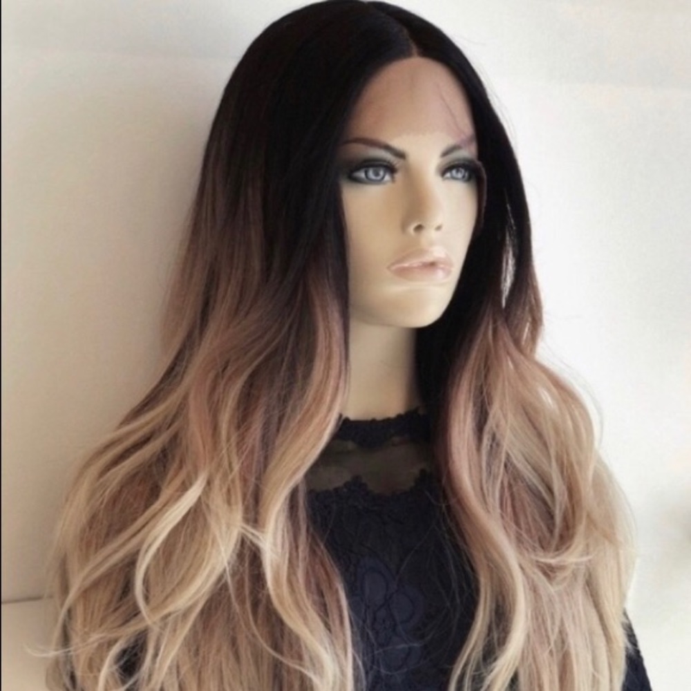 Ombre brown to blonde long human hair blend wig